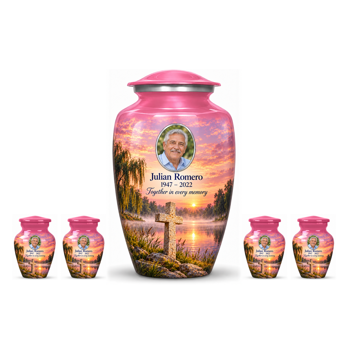 One pink adult cross urn and four keepsakes with a pink lakeside dawn arranged on white.