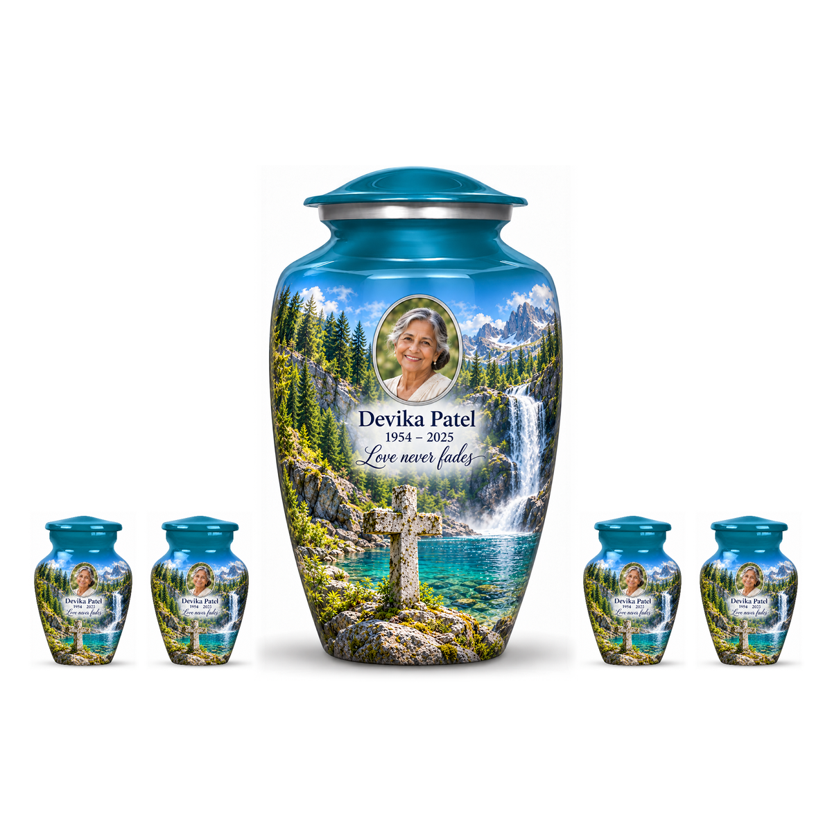 One blue adult cross urn and four keepsakes with a teal pool and waterfall arranged on white.