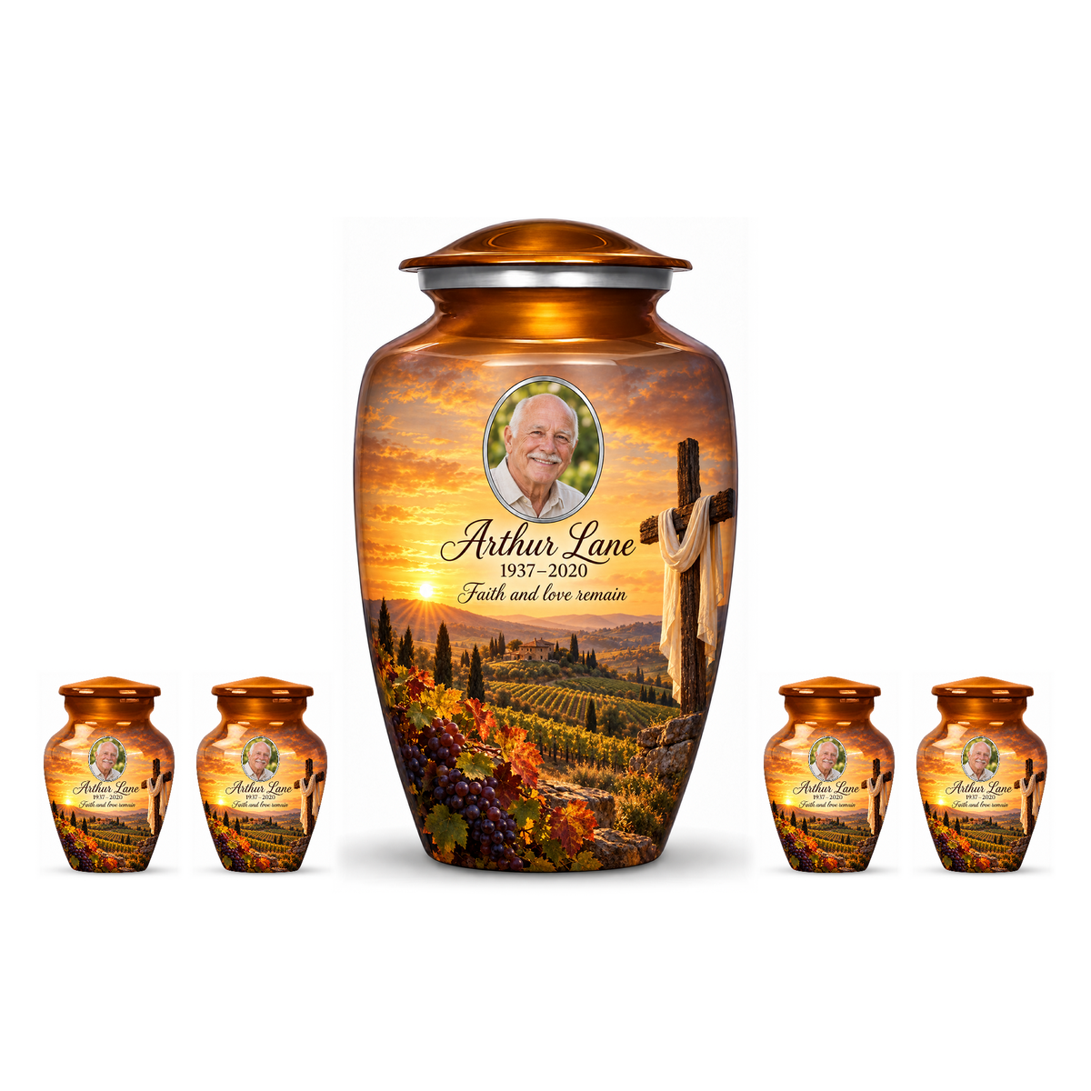 One orange adult cross urn and four keepsakes with an amber vineyard scene arranged on white.