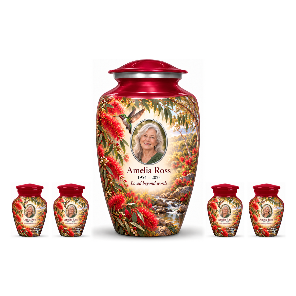 One crimson red hummingbird adult urn centered between four matching keepsakes on white, all with Amelia Ross sample portrait and memorial text.