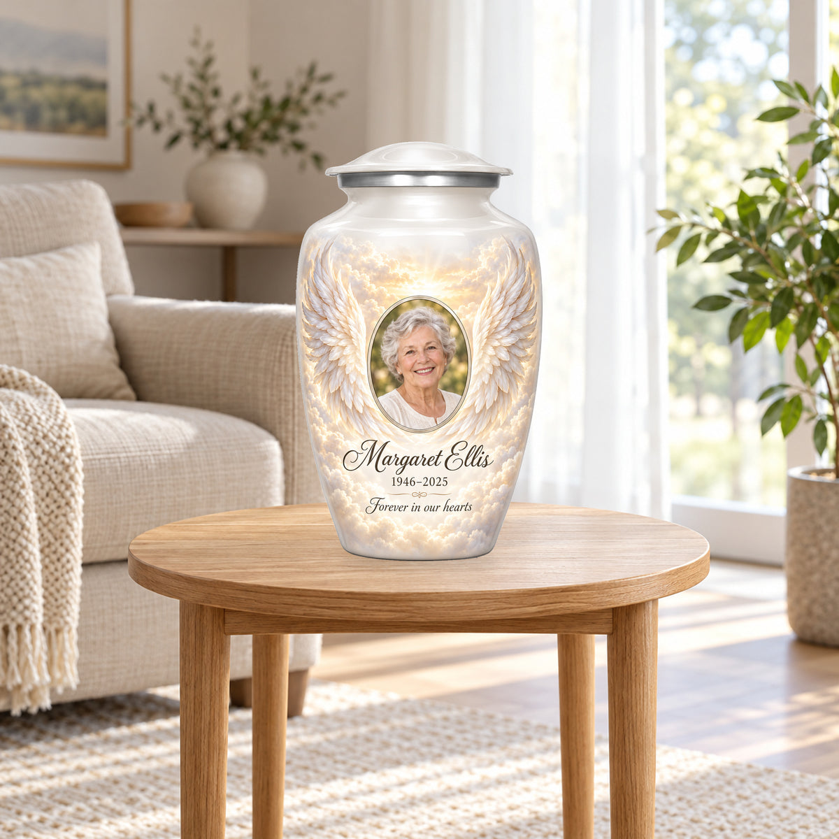 white personalized angel wings adult urn in a sunlit home.