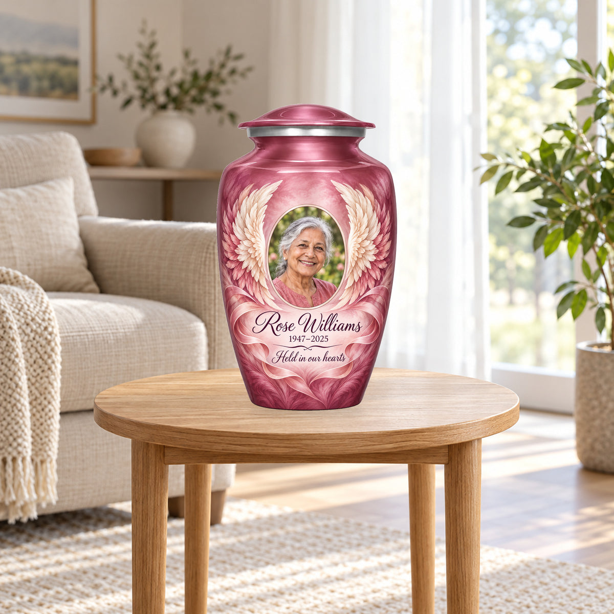pink personalized angel wings adult urn in a sunlit home.