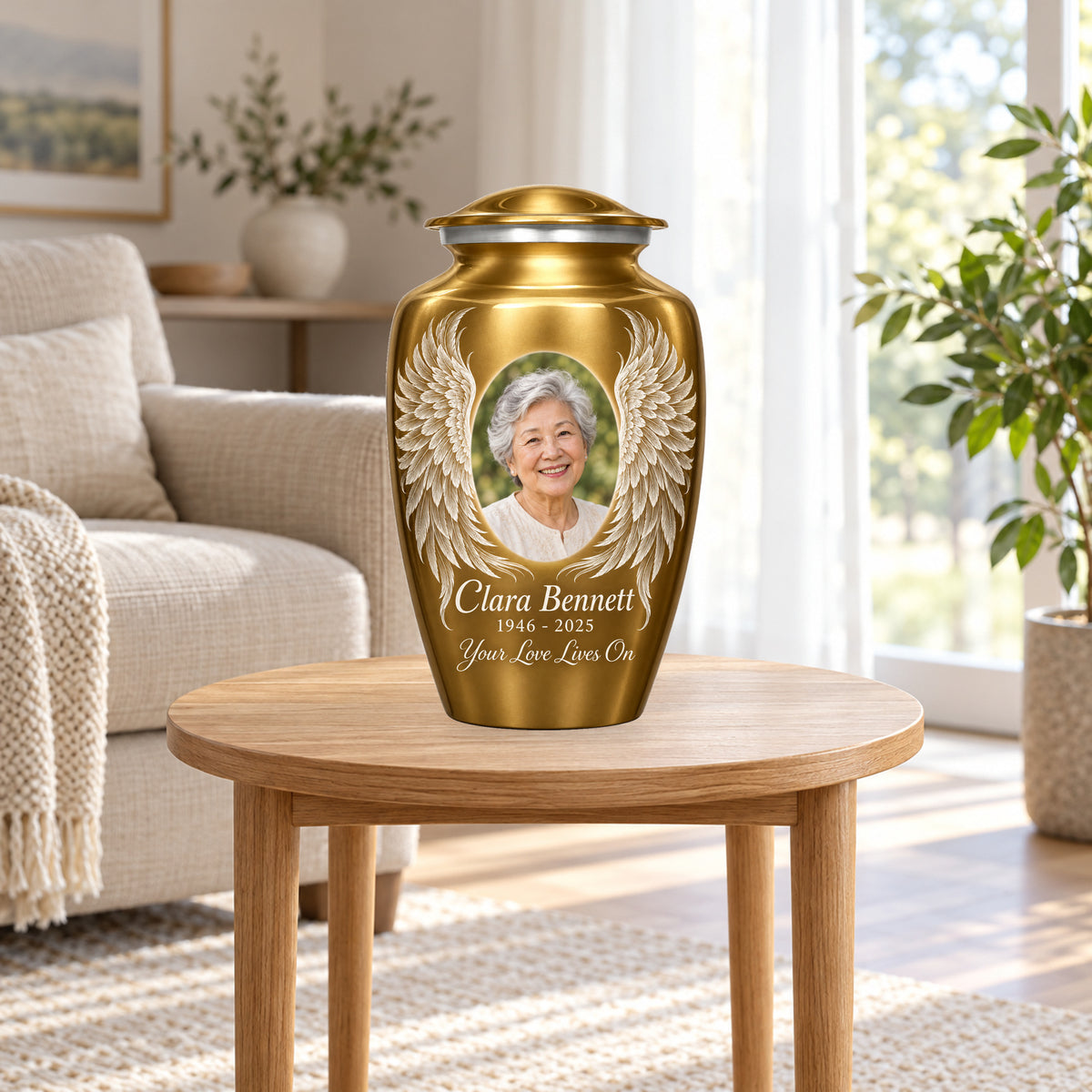 gold personalized angel wings adult urn in a sunlit home.