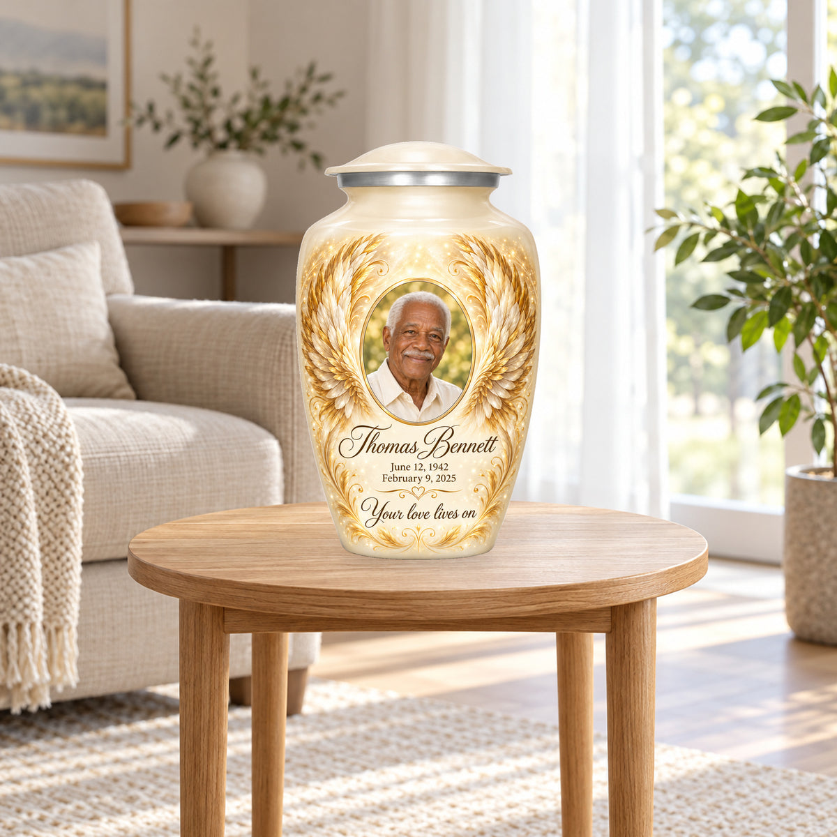 white personalized angel wings adult urn in a sunlit home.