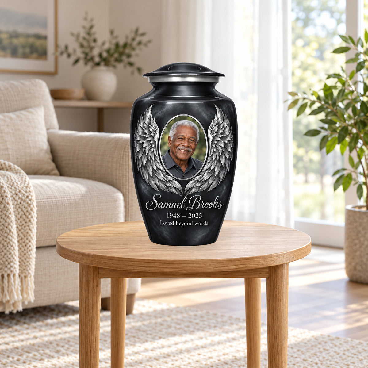 gray personalized angel wings adult urn in a sunlit home.