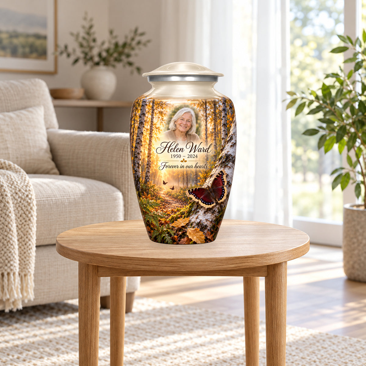 Birch Dawn adult butterfly urn in a home display; furniture and decorative props are not included.