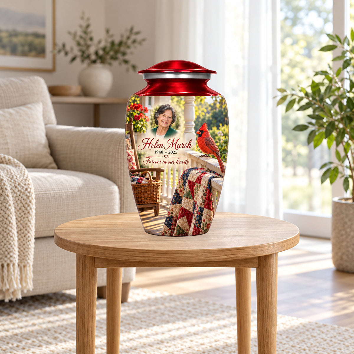 Quilt Porch Morning adult cardinal urn in a home display; furniture and decorative props are not included.