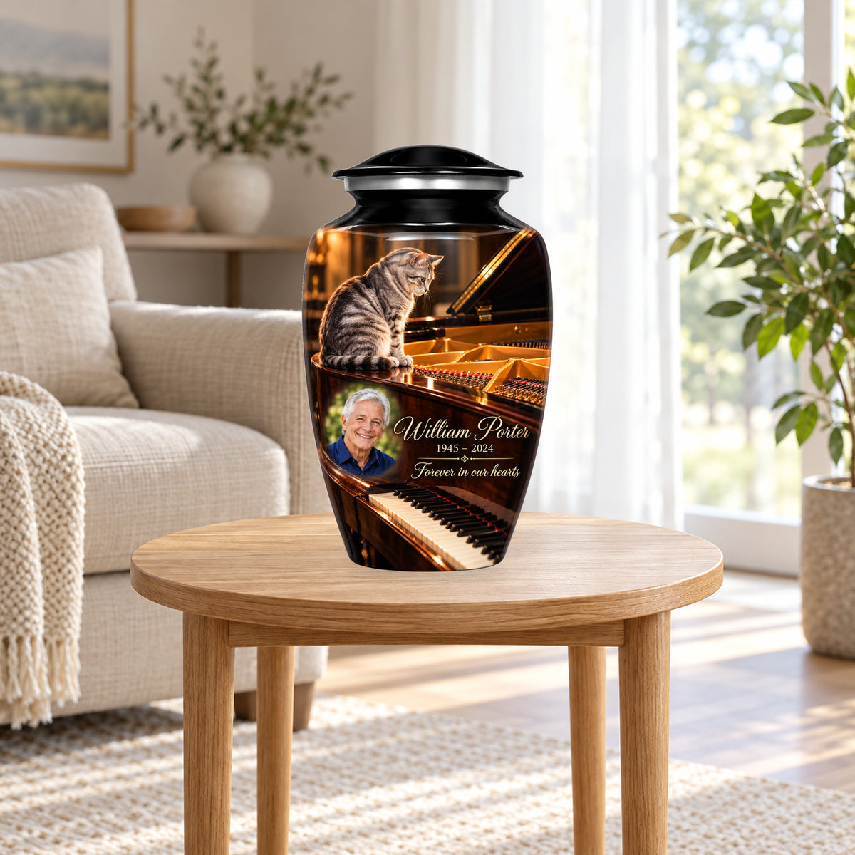 Grand Piano Pause adult cat urn in a home display; furniture and decorative props are not included.