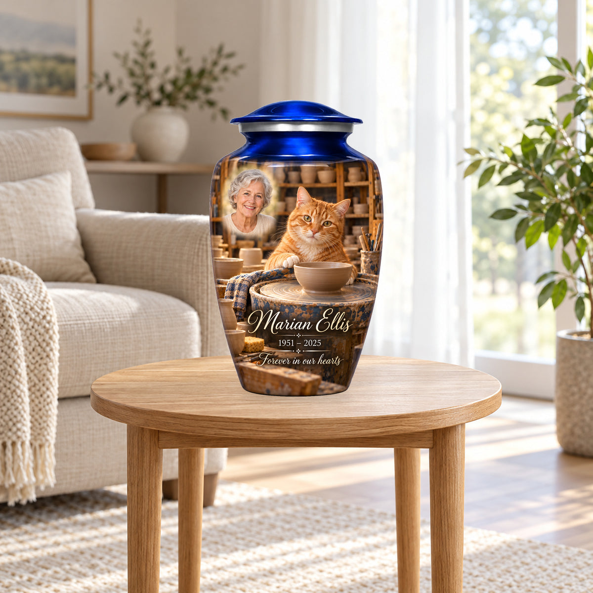 Pottery Wheel Companion adult cat urn in a home display; furniture and decorative props are not included.