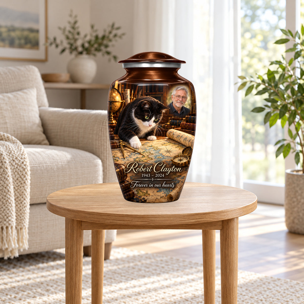 Mapmaker Table adult cat urn in a home display; furniture and decorative props are not included.
