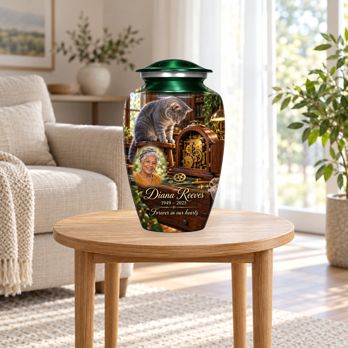 Clockmaker Bench adult cat urn in a home display; furniture and decorative props are not included.