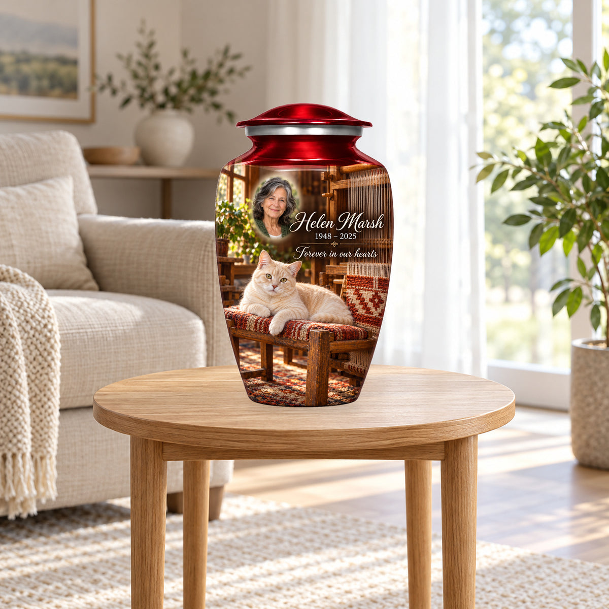 Loomside Afternoon adult cat urn in a home display; furniture and decorative props are not included.