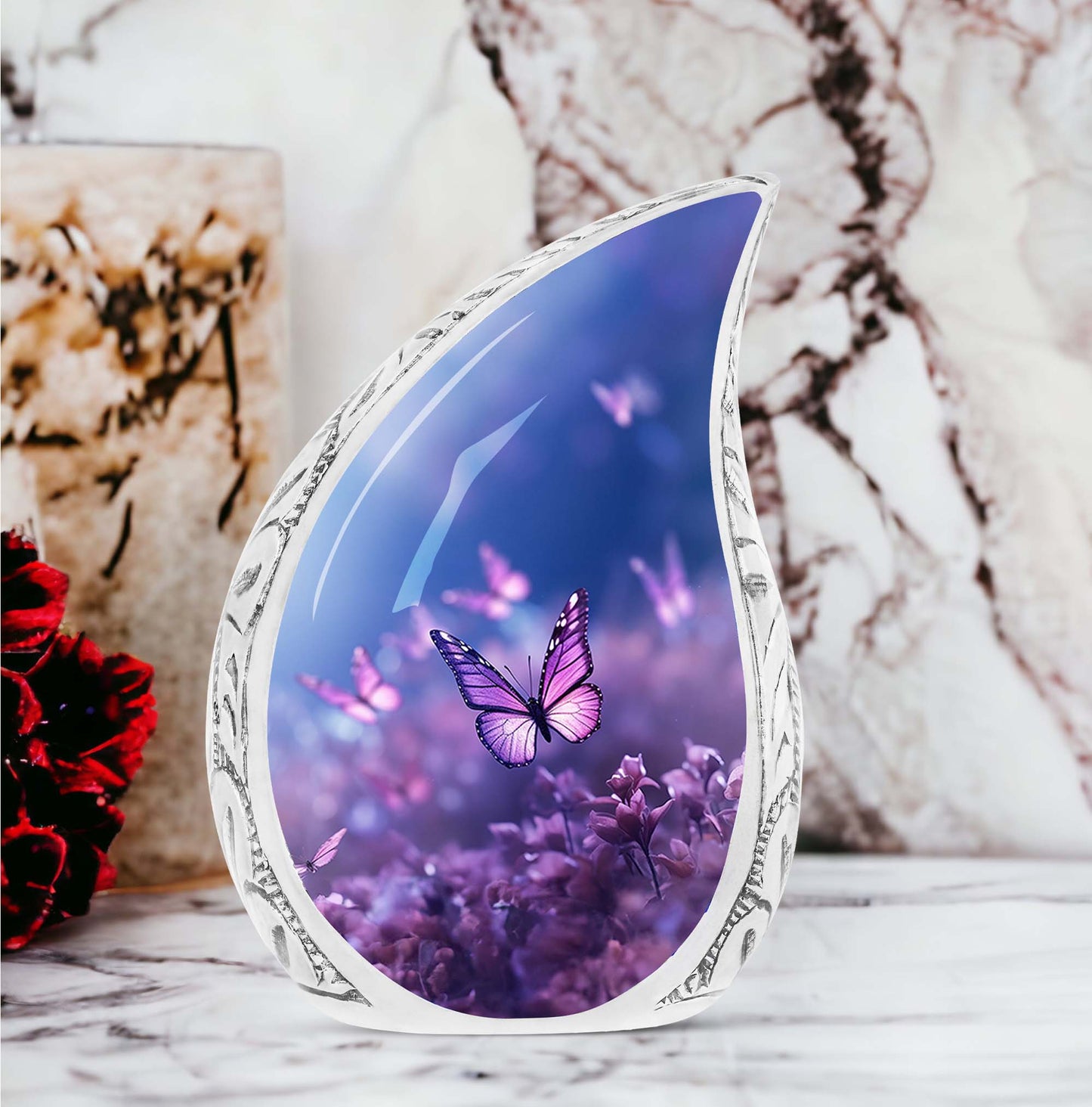Large Butterfly urn with purple butterflies flying over a meadow design, ideal for adult female human ashes