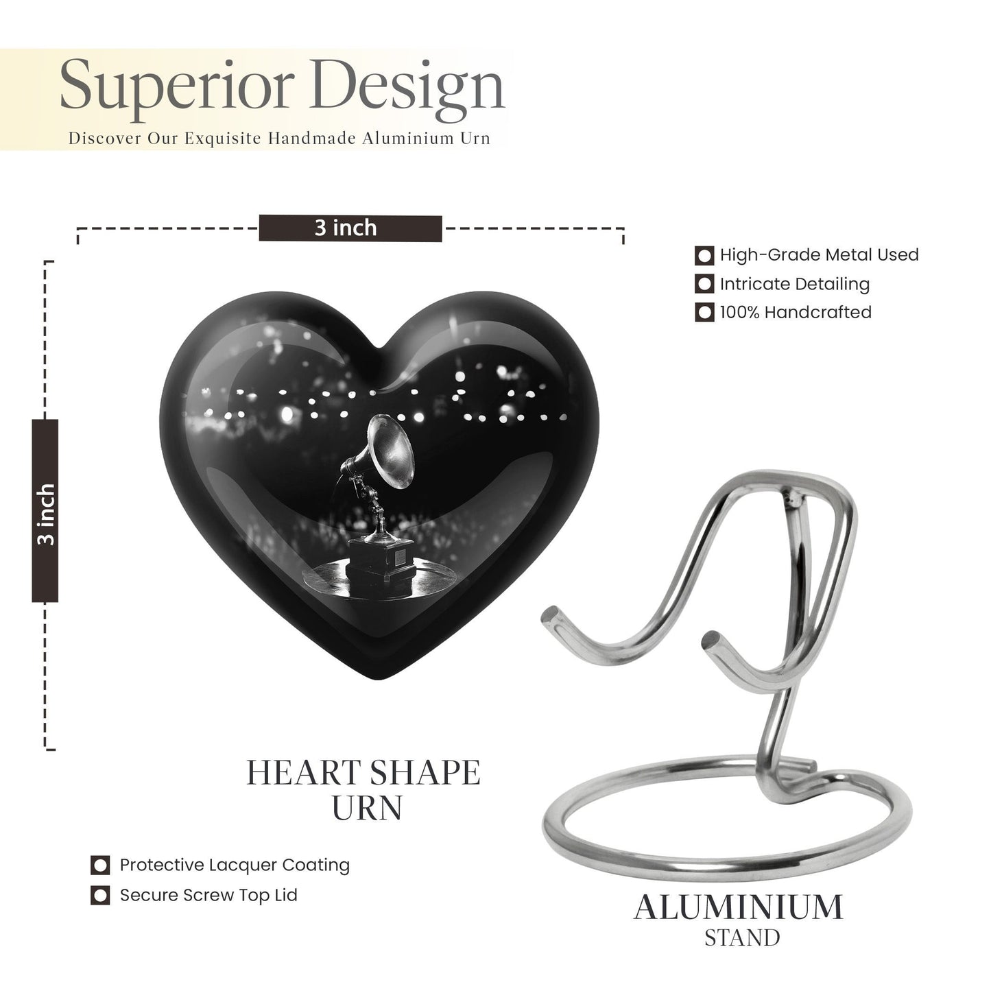 Heart-shaped 10-inch Gramophone Memorial Urn in Aluminium, includes velvet pouch