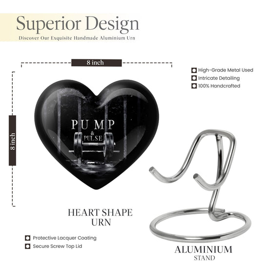 10-inch heart-shaped Dumbles Urn in aluminum for adult cremation, includes velvet pouch