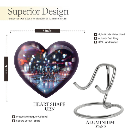 10-inch heart-shaped aluminium chess urn, 200 cubic inches capacity, ideal for memorial ashes