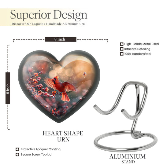 10-inch Cardinal Bird Heart Urn for cremation ashes