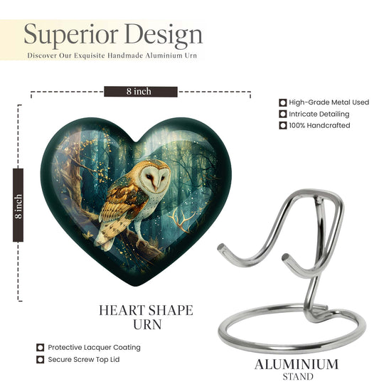 10-inch aluminium barn owl heart urn