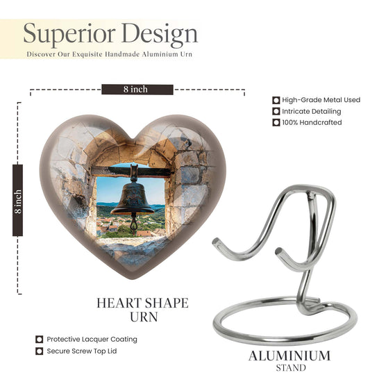 Heart-shaped, large aluminum Bell Urn for cremation ashes,