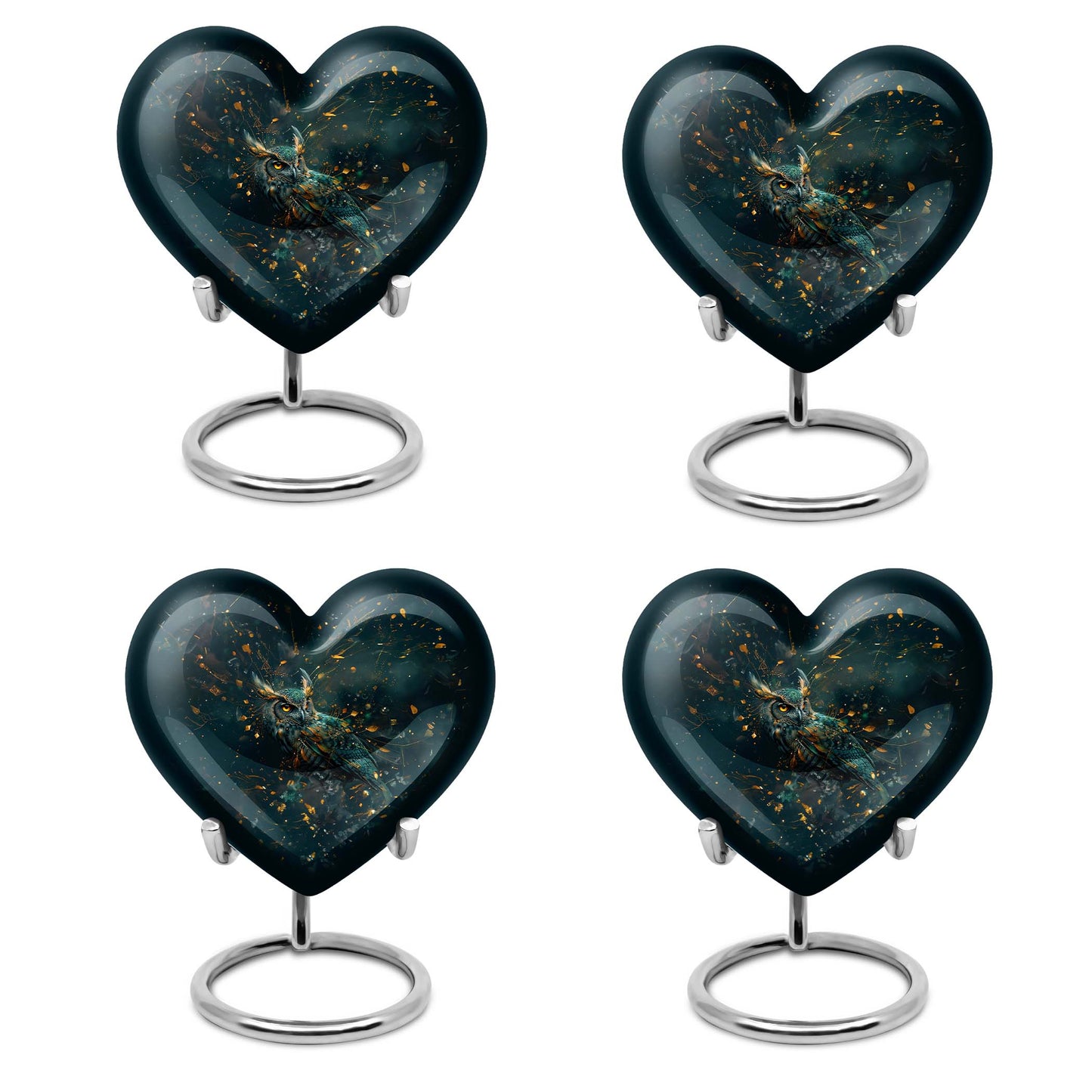10-inch owl-themed heart shaped aluminium urn