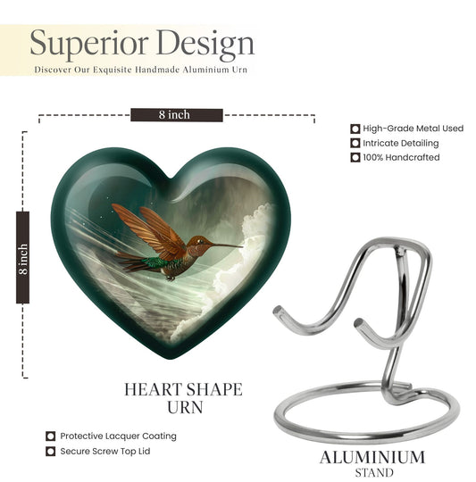 Heart-themed humming bird urn for adult male cremation