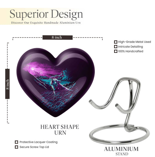 Wolf-themed heart aluminium urn for ashes