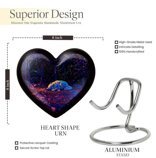 Heart-shaped 10-inch wolf urn, large aluminum cremation urn for adult ashes with customization option