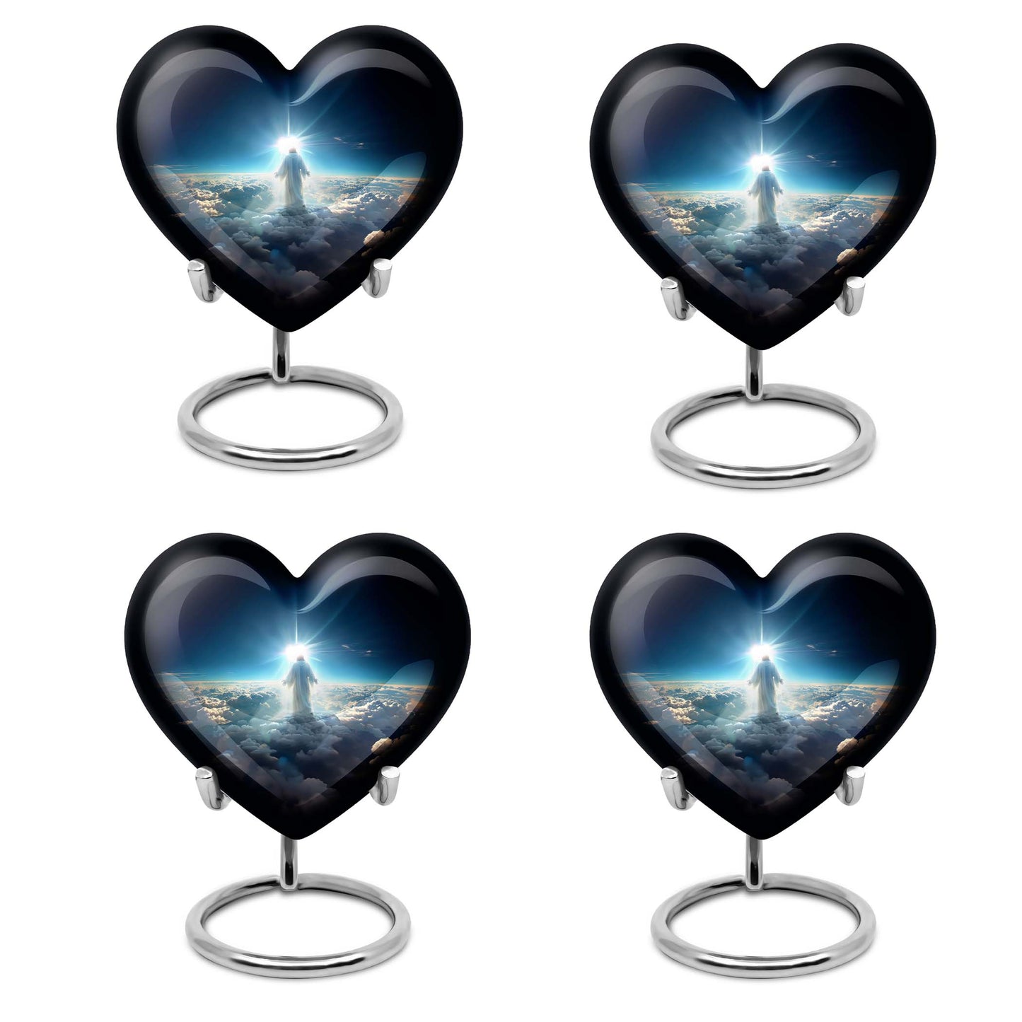Heart-shaped Jesus Urn made of aluminium for adult human ashes, included velvet pouch