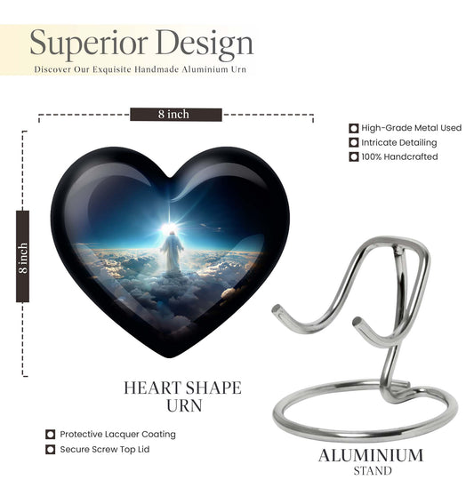 Heart-shaped Jesus Urn made of aluminium for adult human ashes, included velvet pouch