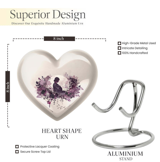 10-inch heart-shaped mother urn, large aluminium cremation urn for men, customizable with engraving