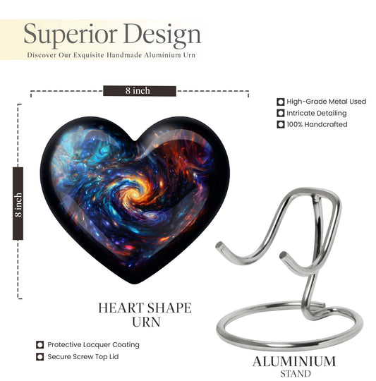 Heart-shaped glaaxy urn in Purple Meadow available with velvet pouch, perfect urns for cremation ashes