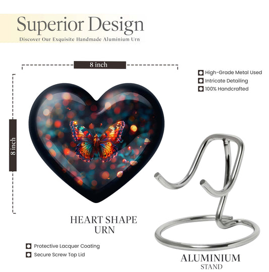 Heart-shaped Butterfly Urn for adult female ashes, customizable, with a Wolf Howling theme