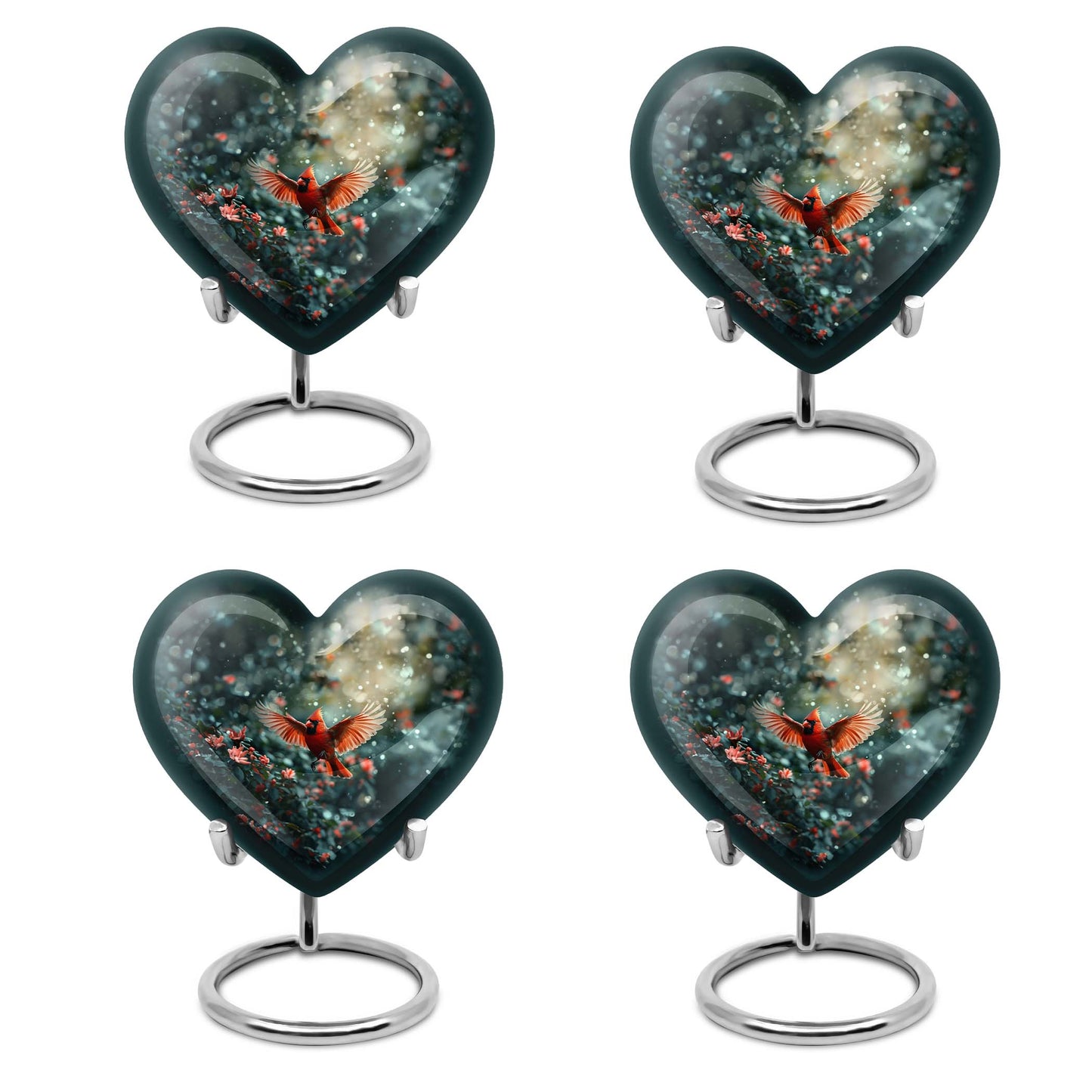 10 Inch Cardinal Bird Heart Memorial Urn for Male, Wolf Howling Theme, Comes with Velvet Pouch