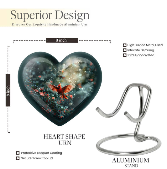 10 Inch Cardinal Bird Heart Memorial Urn for Male, Wolf Howling Theme, Comes with Velvet Pouch