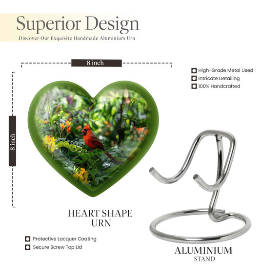 10-inch cardinal bird-themed heart urn for human ashes,