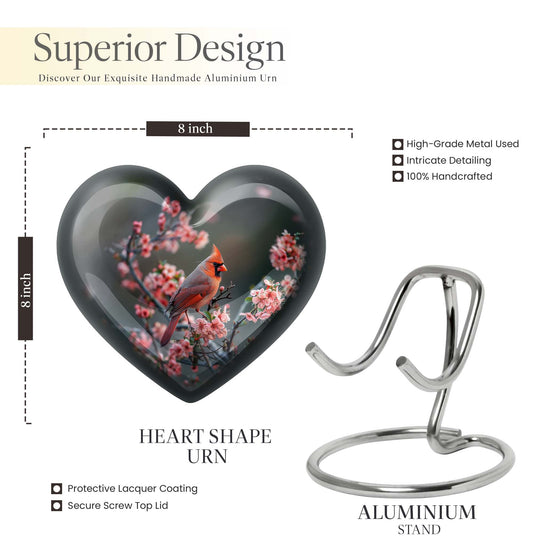 Heart-shaped Cardinal bird Memorial Urn