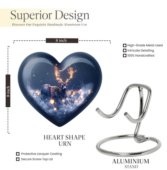 10-inch heart-shaped deer urn with wolf theme, perfect for women's ashes
