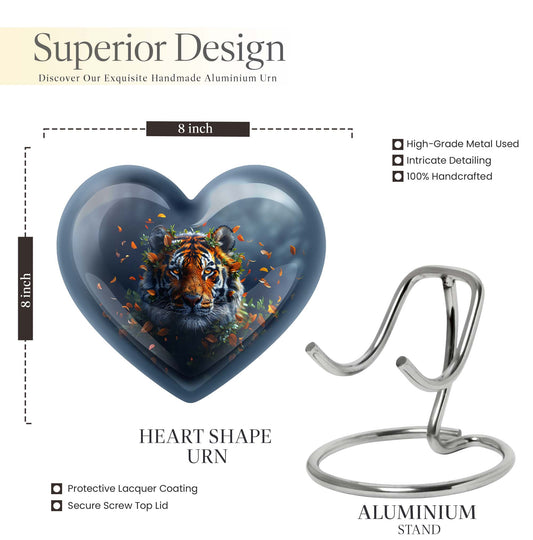 Tiger themed heart-shaped memorial urn for ashes, aluminium, with floral designs and personalizable engraving