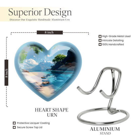 Large 10-inch heart beach urn for cremation ashes with floral design and personal engraving