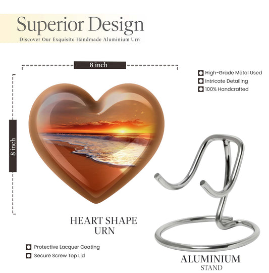 heart-shaped beach urn adorned with flowers,