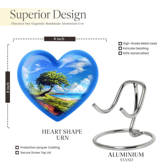 10-inch heart-shaped Beach Urn, funeral urns for adult ashes, crafted from aluminium with floral theme
