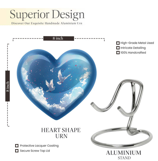 Heart-shaped, floral themed dove urn made of aluminium for funeral ashes