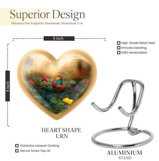 10-inch butterfly-themed heart urn for burial, best for adult human ashes