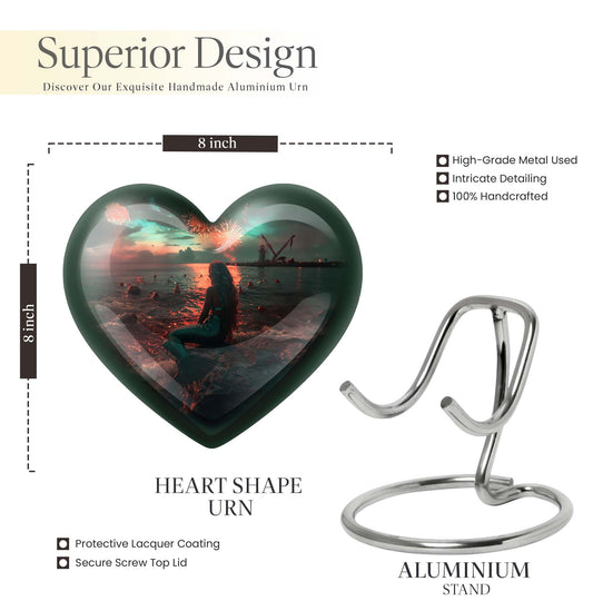 10-inch Mermaid Heart Urn for memorial burial, personalized, butterfly-themed aluminium urn