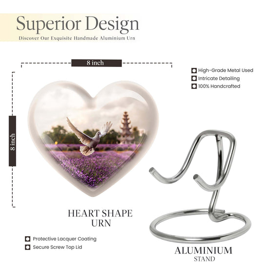 10-inch heart-shaped purple urn with white dove and butterfly theme, includes velvet pouch