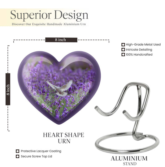 10-inch Large Heart Urn for ashes with white dove and butterfly theme, customizable name engraving