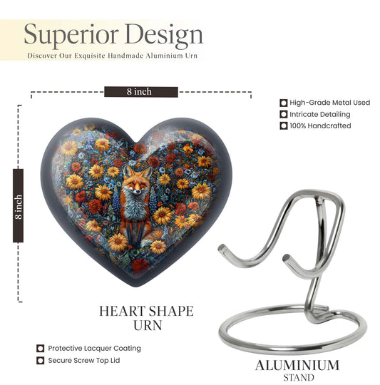 10-inch heart-shaped fox urn for adult female ashes, customized name engraving