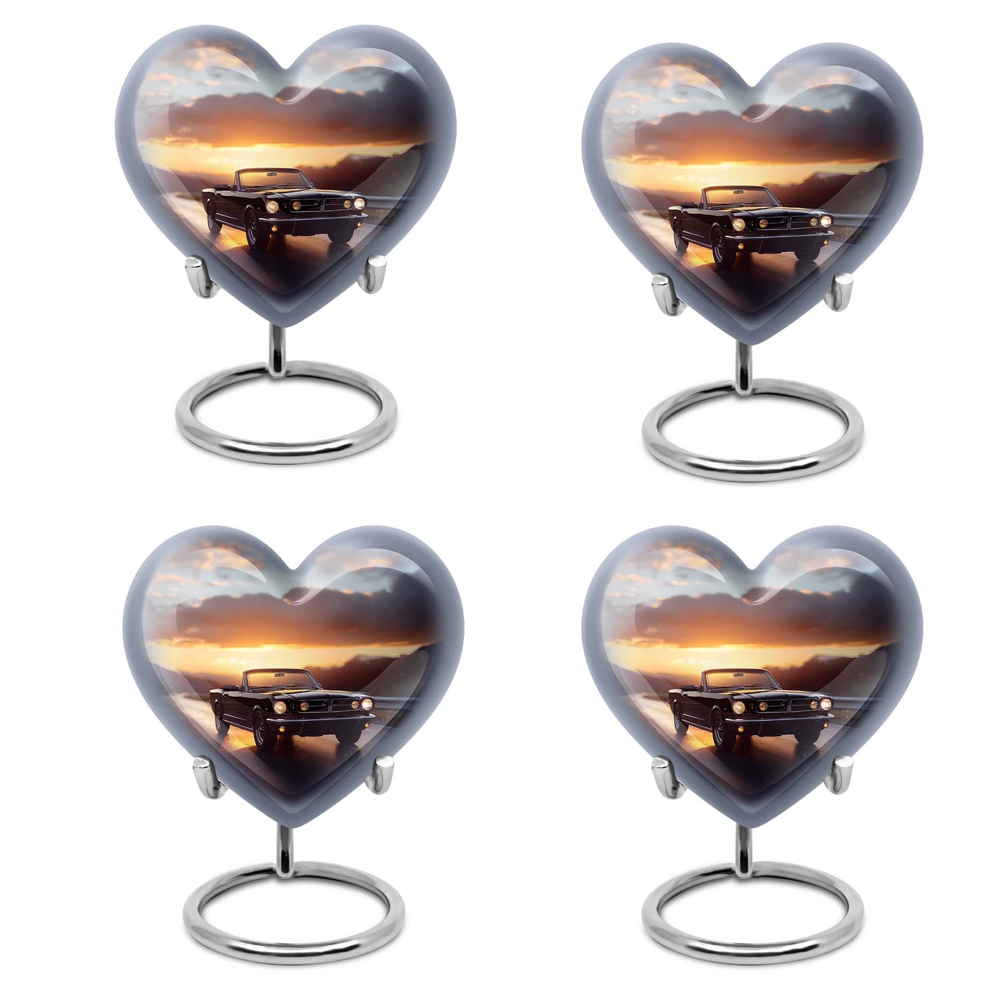 10 inch high heart-shaped memorial car urn with butterfly theme, crafted from aluminum for storage of ashes