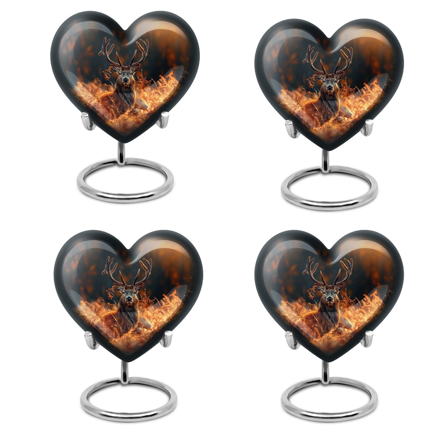 10-inch heart-shaped deer urn, aluminium gramophone design, includes velvet pouch, customizable