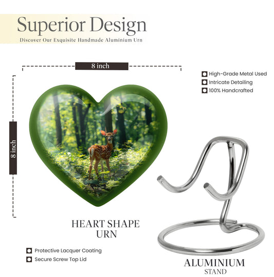 10 inch deer-themed heart urn for ashes, with personal engraving